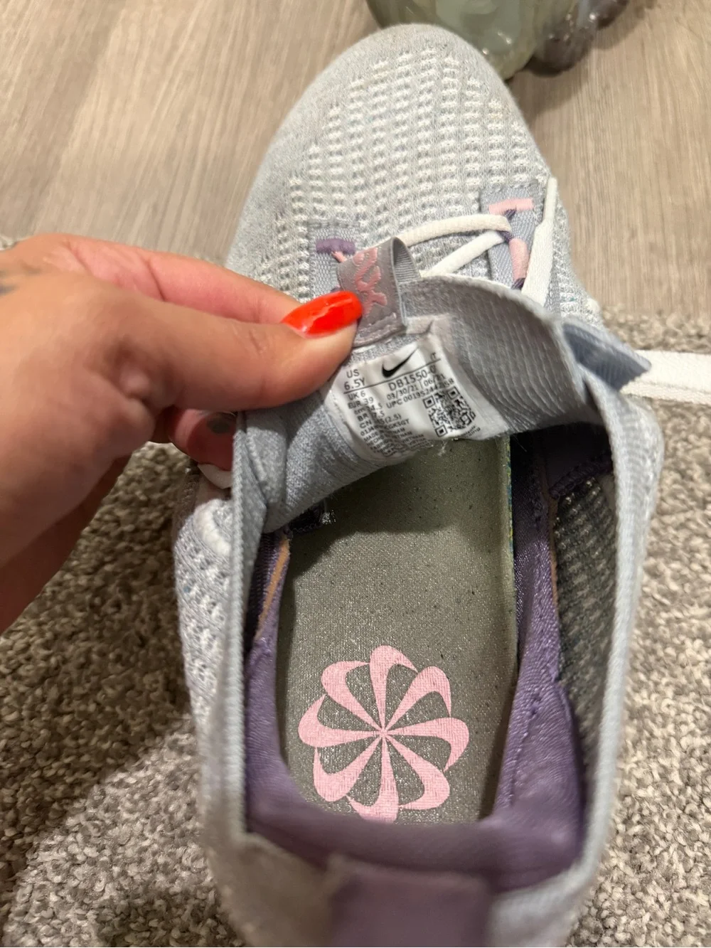 Nike VaporMax Flyknit Sneakers — Light Gray, Pink & Purple Accents